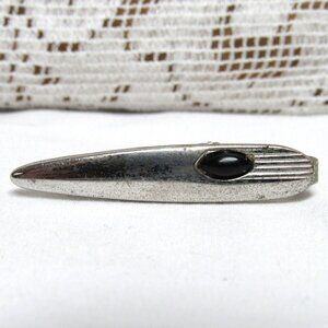 FOSTER Black Stone Silvertone Tie Clip Lapel Pin Vintage MCM 1960s Gentleman's